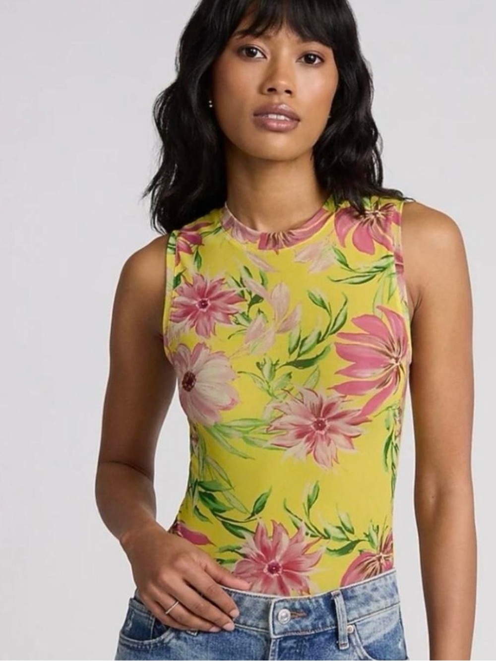 Express Yellow Floral Mock Neck Bodysuit